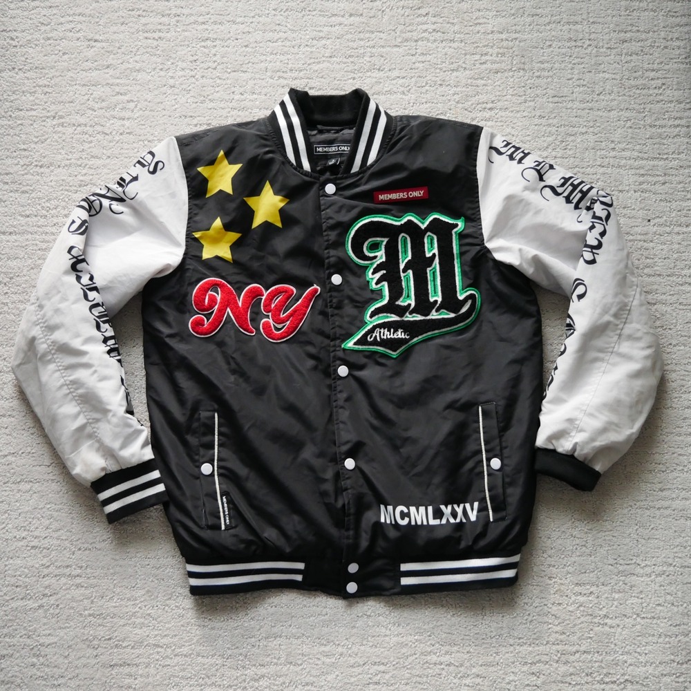 Members Only Mens Varsity Jacket Small Black White Athletic NY Patch Bomber